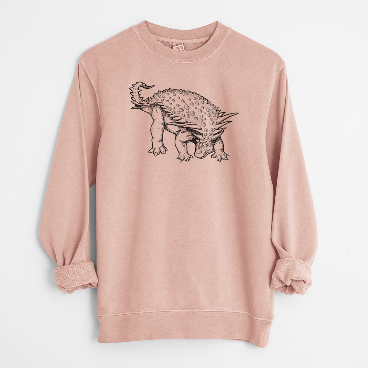 Dusty pink pigment dyed crewneck sweatshirt laid flat with the sleeves rolled, printed with a black ink illustration of an armored Nodosaurus.