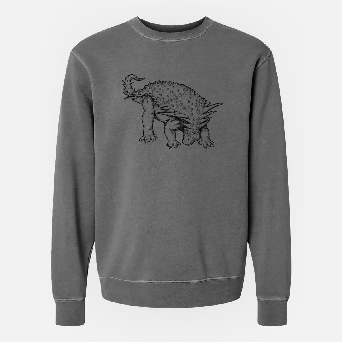 Faded black pigment dyed crewneck sweatshirt laid flat, printed with a black ink illustration of an armored Nodosaurus.
