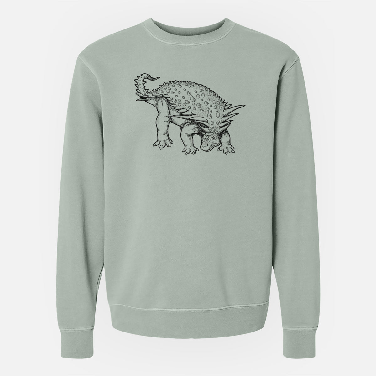 Sage green pigment dyed crewneck sweatshirt laid flat, printed with a black ink illustration of an armored Nodosaurus.