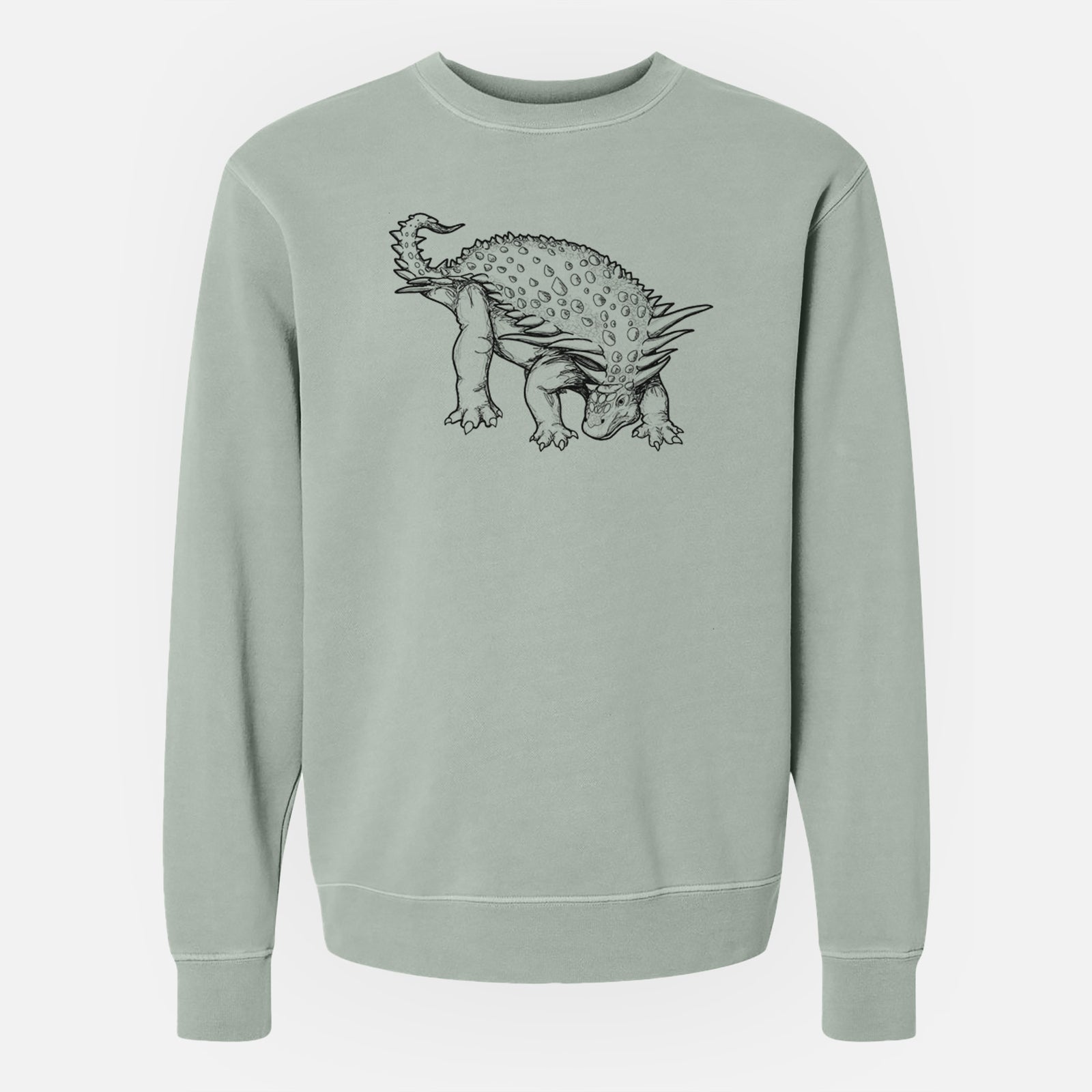 Sage green pigment dyed crewneck sweatshirt laid flat, printed with a black ink illustration of an armored Nodosaurus.