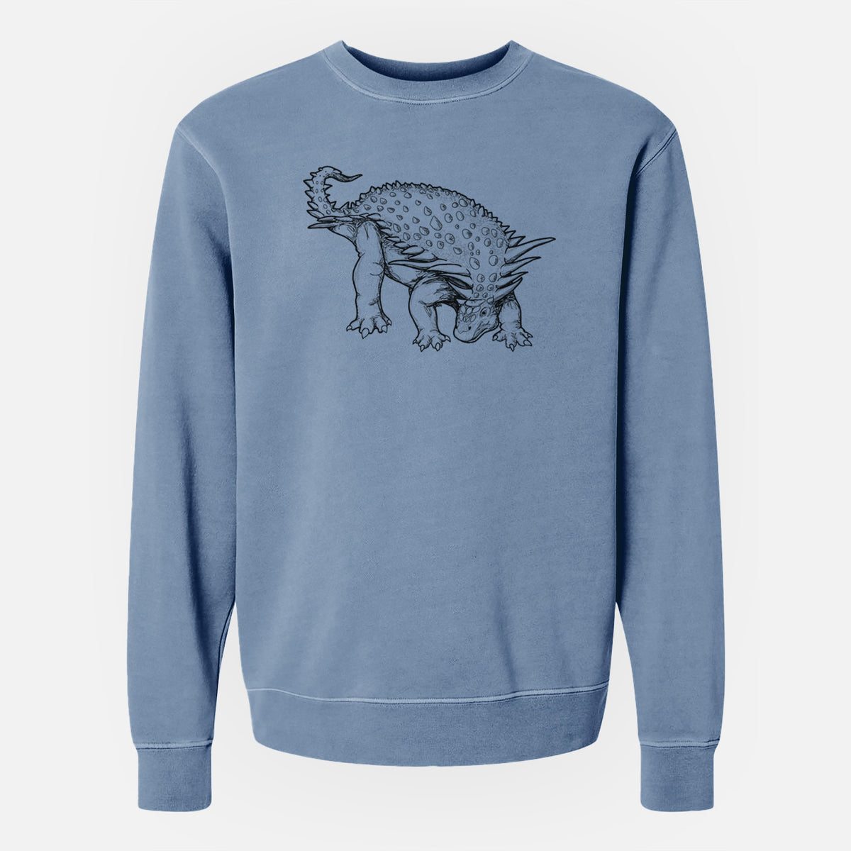 Slate blue pigment dyed crewneck sweatshirt laid flat, printed with a black ink illustration of an armored Nodosaurus.