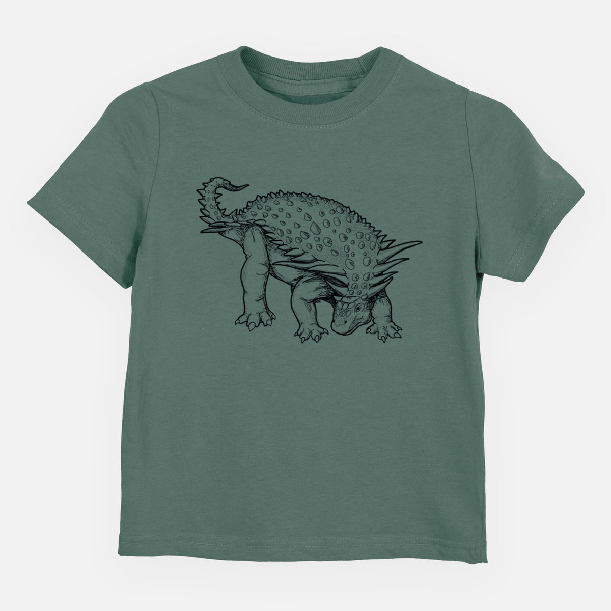 Basil green toddler t-shirt laid flat, printed with a black ink illustration of an armored Nodosaurus.