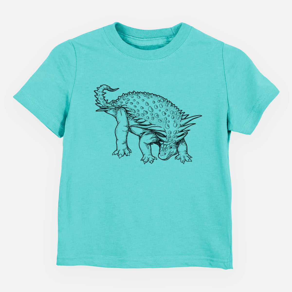 Caribbean blue toddler t-shirt laid flat, printed with a black ink illustration of an armored Nodosaurus.