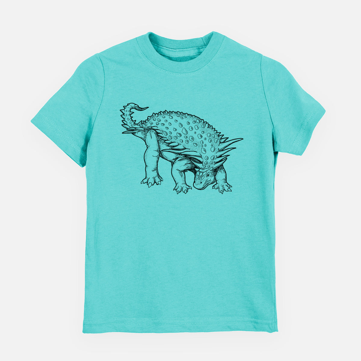 Caribbean blue youth t-shirt laid flat, printed with a black ink illustration of an armored Nodosaurus.