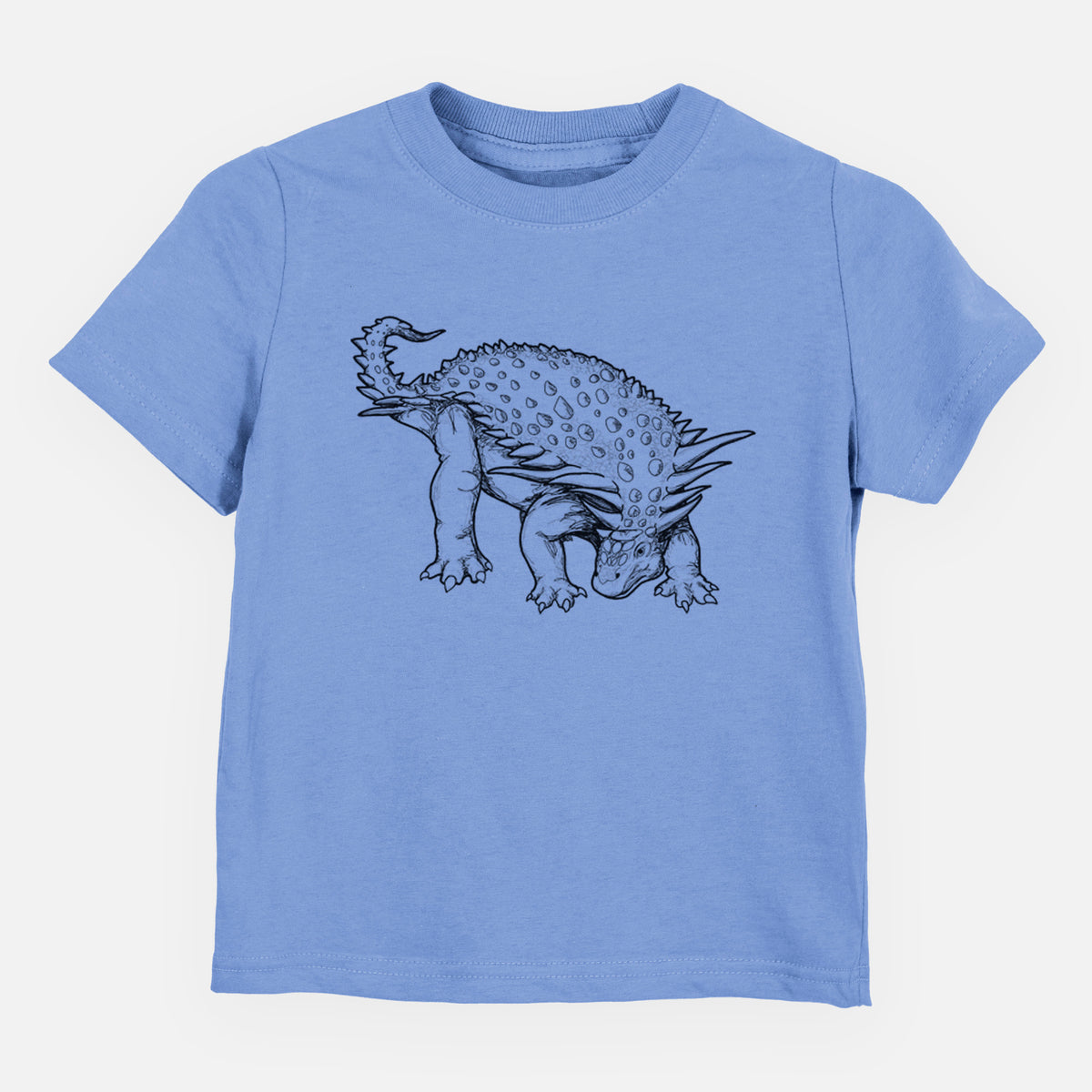 Carolina blue toddler t-shirt laid flat, printed with a black ink illustration of an armored Nodosaurus.