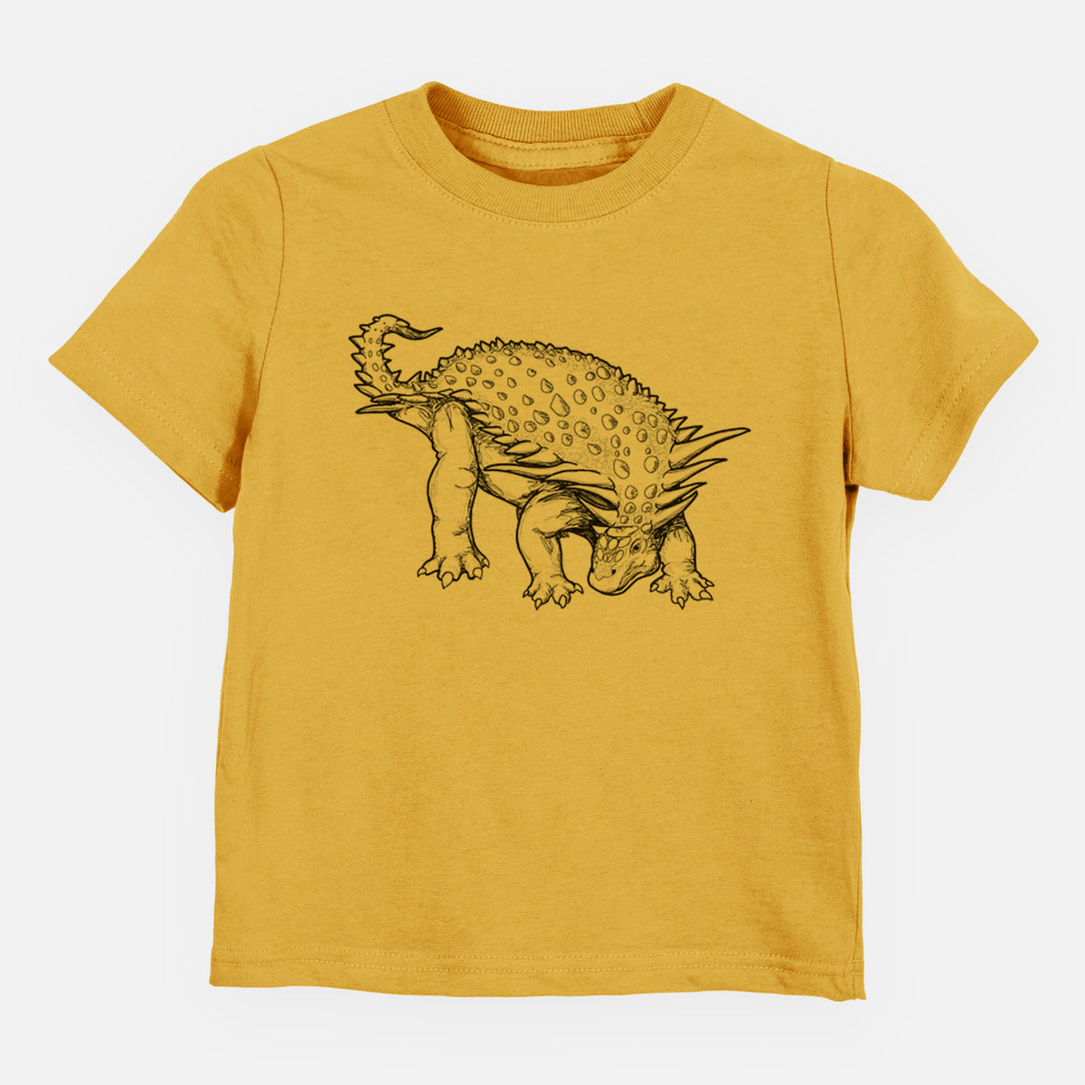 Honeycomb yellow toddler t-shirt laid flat, printed with a black ink illustration of an armored Nodosaurus.