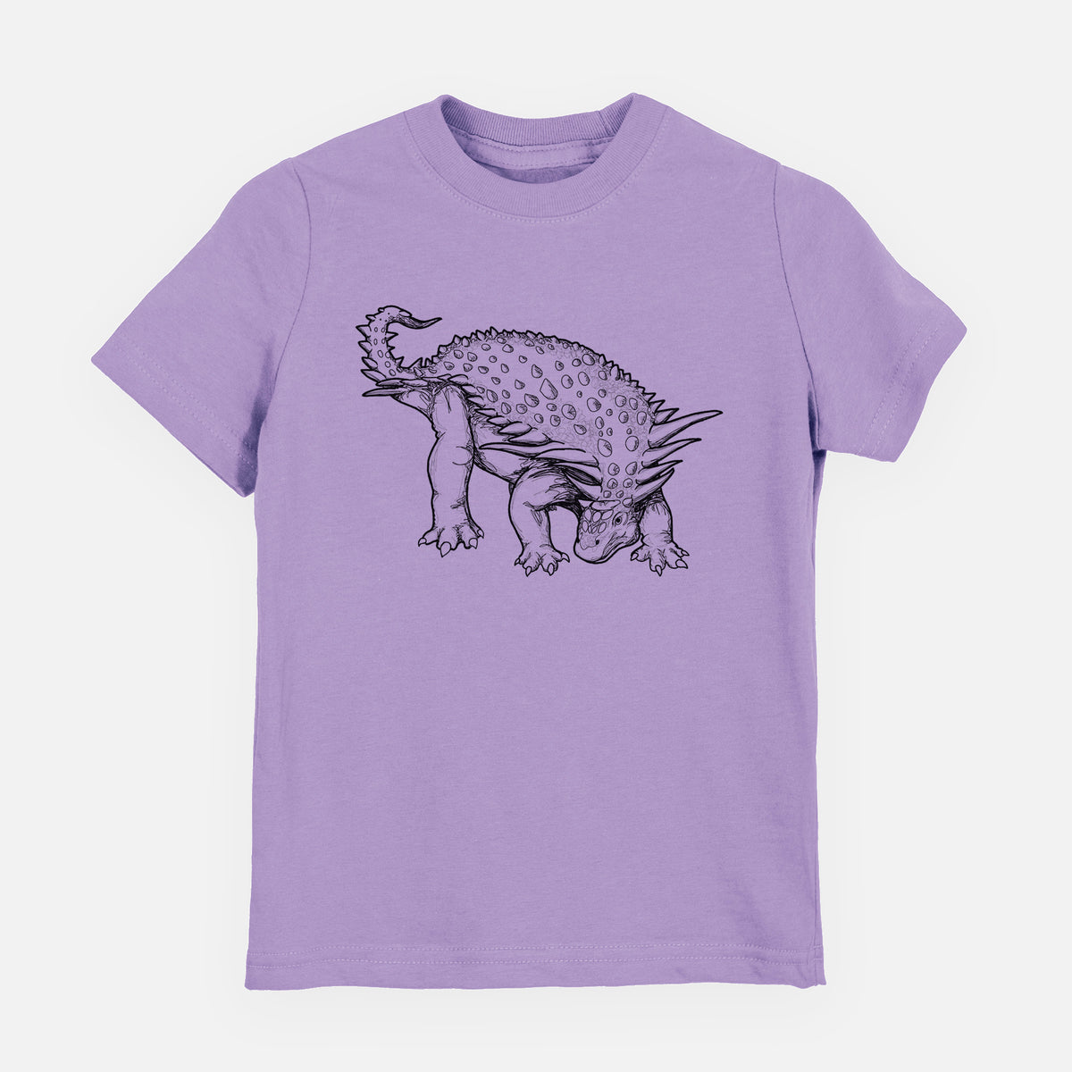 Lavender youth t-shirt laid flat, printed with a black ink illustration of an armored Nodosaurus.
