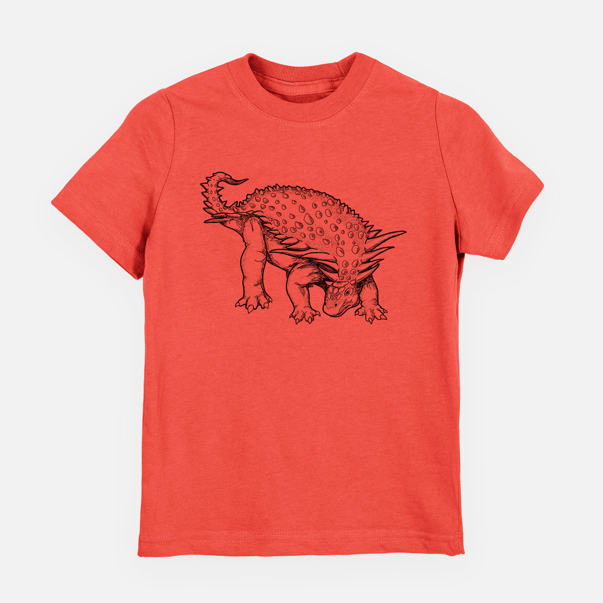 Passionfruit pink youth t-shirt laid flat, printed with a black ink illustration of an armored Nodosaurus.