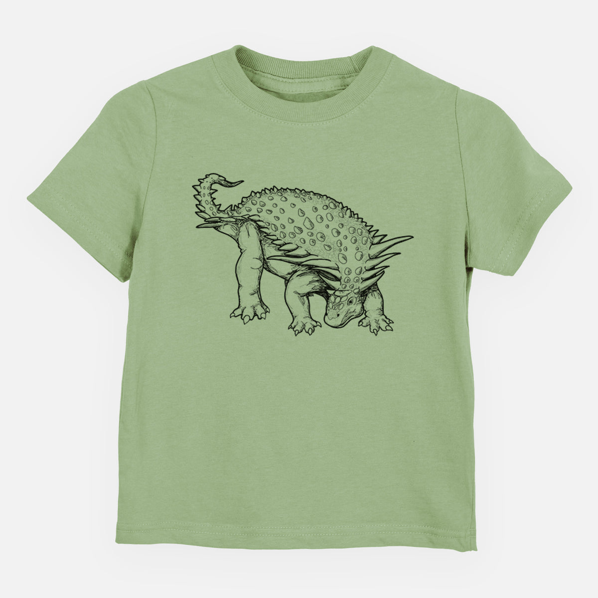 Sage green toddler t-shirt laid flat, printed with a black ink illustration of an armored Nodosaurus.