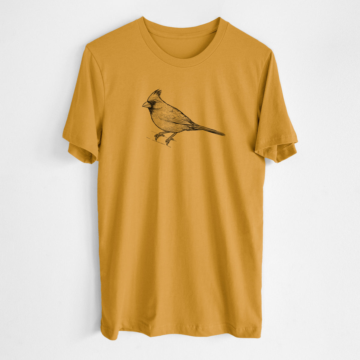 Honeycomb yellow lightweight cotton t-shirt laid flat, printed with a detailed black ink sketch of a northern cardinal perched with its crest raised.