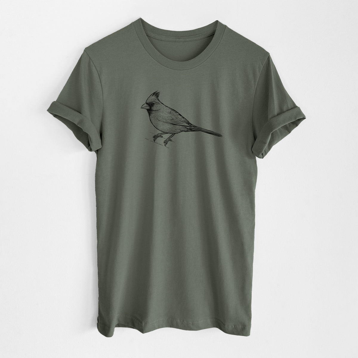 Military green lightweight cotton t-shirt laid flat, printed with a detailed black ink sketch of a northern cardinal perched with its crest raised.