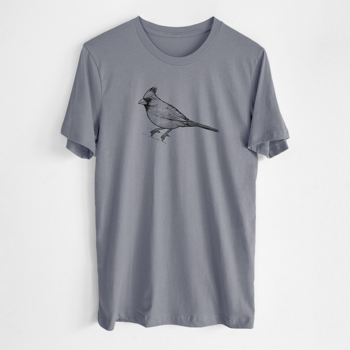 Storm grey lightweight cotton t-shirt laid flat, printed with a detailed black ink sketch of a northern cardinal perched with its crest raised.