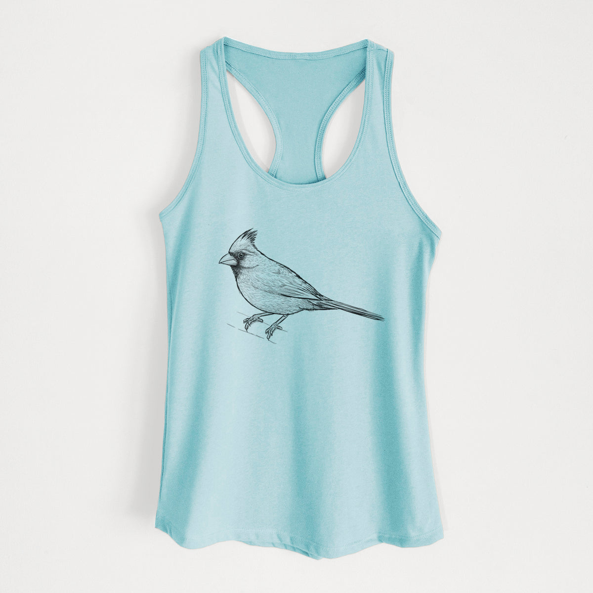 Cancun blue women's racerback tank top laid flat, printed with a detailed black ink sketch of a northern cardinal perched with its crest raised.
