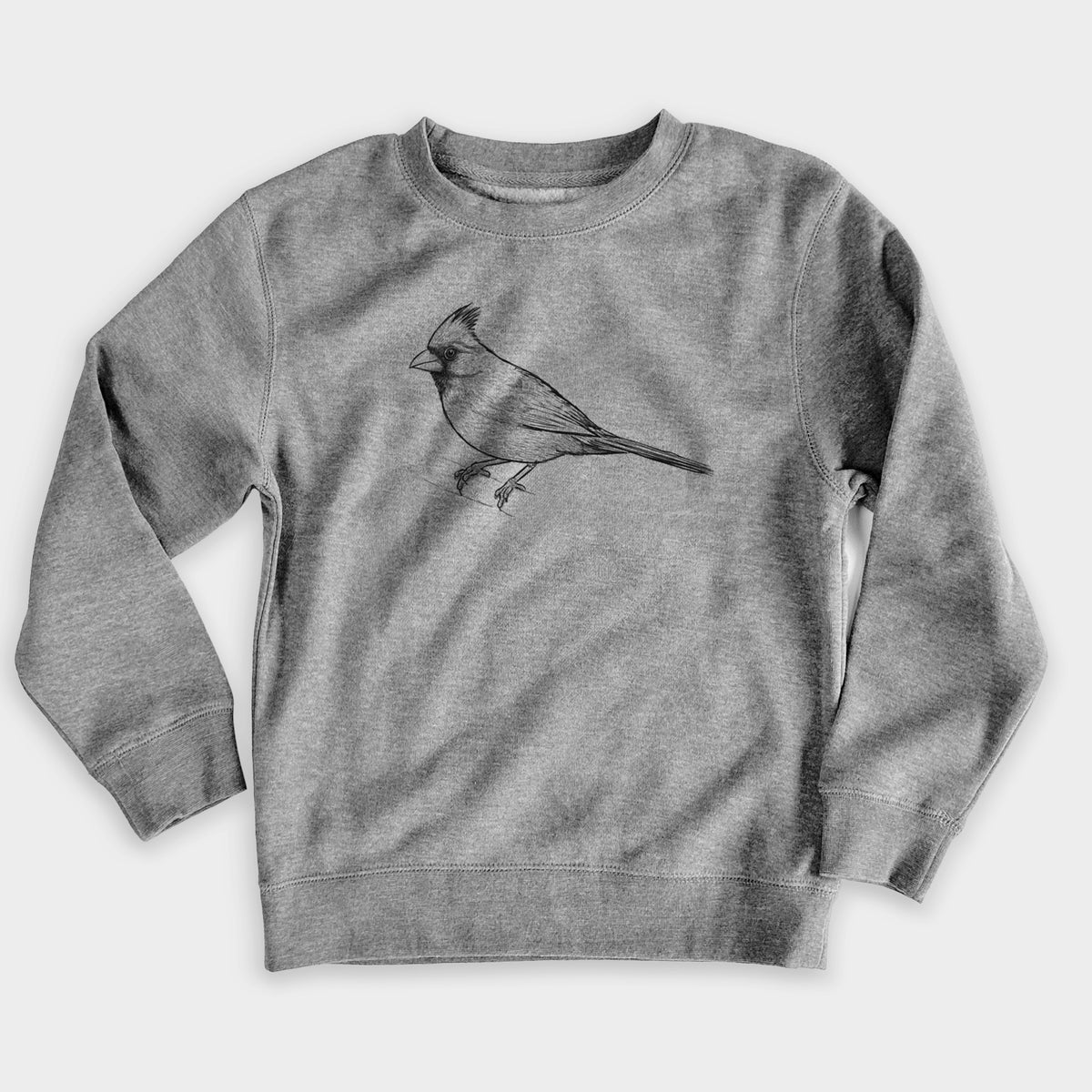 Nickel grey youth crewneck sweatshirt laid flat, printed with a detailed black ink sketch of a northern cardinal perched with its crest raised.