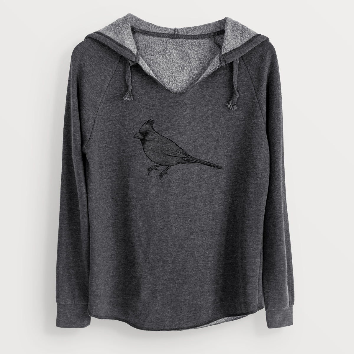 Charcoal grey women's Cali Wave hooded sweatshirt laid flat, printed with a detailed black ink sketch of a northern cardinal perched with its crest raised.