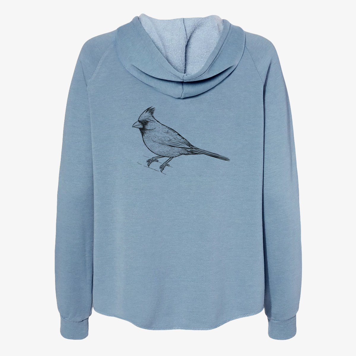 Misty blue women's Cali Wave zip-up sweatshirt laid flat, printed with a detailed black ink sketch of a northern cardinal perched with its crest raised.