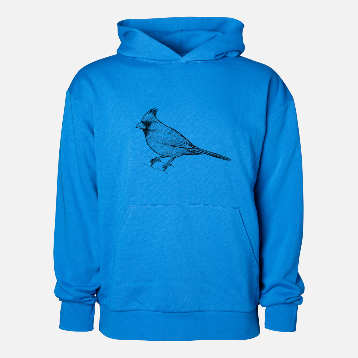 Northern Cardinal - Cardinalis cardinalis - Statement Midweight Hoodie in Azure Blue, shown from the front with the design printed on the chest above a front kangaroo pocket.