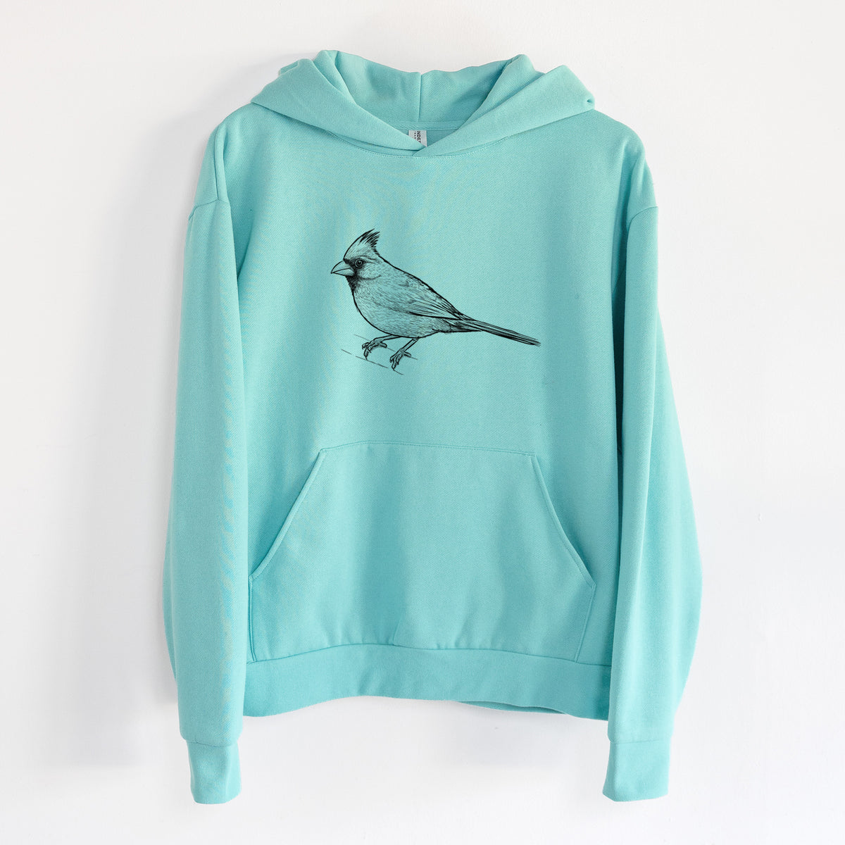Northern Cardinal - Cardinalis cardinalis - Statement Midweight Hoodie in Seafoam, hanging on a white wall, with a front kangaroo pocket and no drawcords.