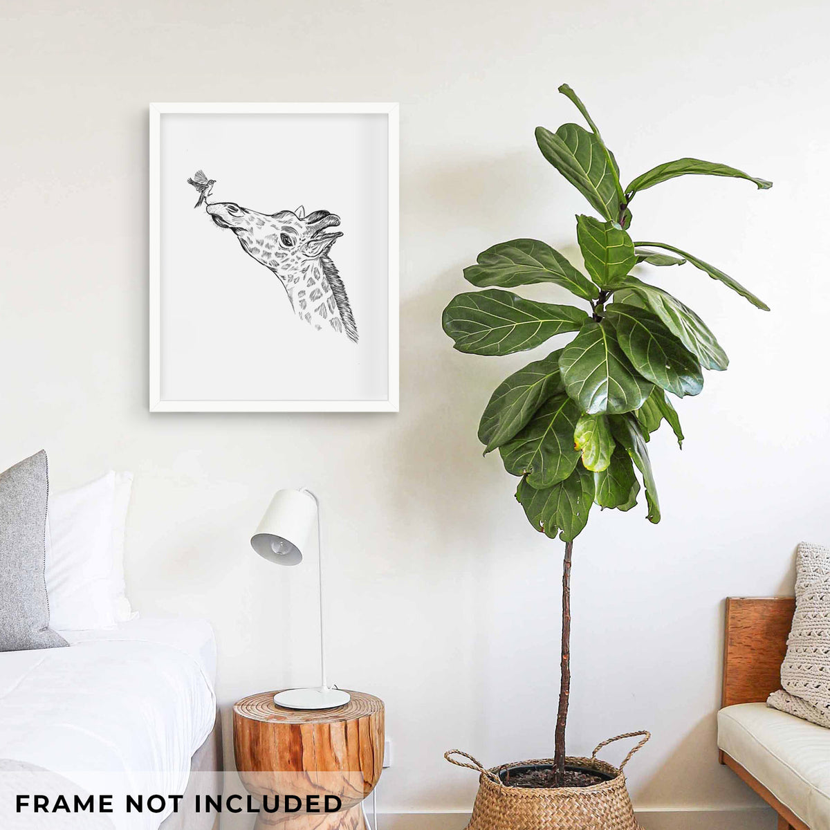 Art print of a black ink illustration of a northern giraffe reaching its head up to nibble a flower, shown framed on a living room wall beside a potted plant. Frame not included.