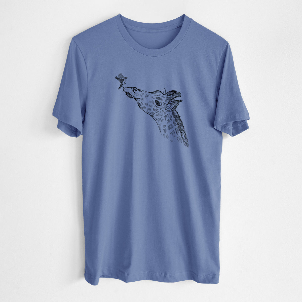 Blue bell lightweight cotton t-shirt laid flat, printed with a black ink illustration of a northern giraffe reaching its head up to nibble a flower.