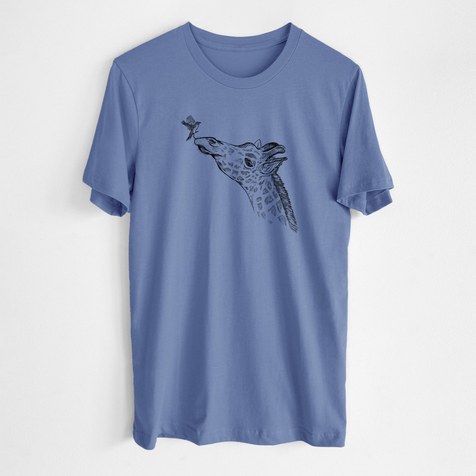 Blue bell lightweight cotton t-shirt laid flat, printed with a black ink illustration of a northern giraffe reaching its head up to nibble a flower.