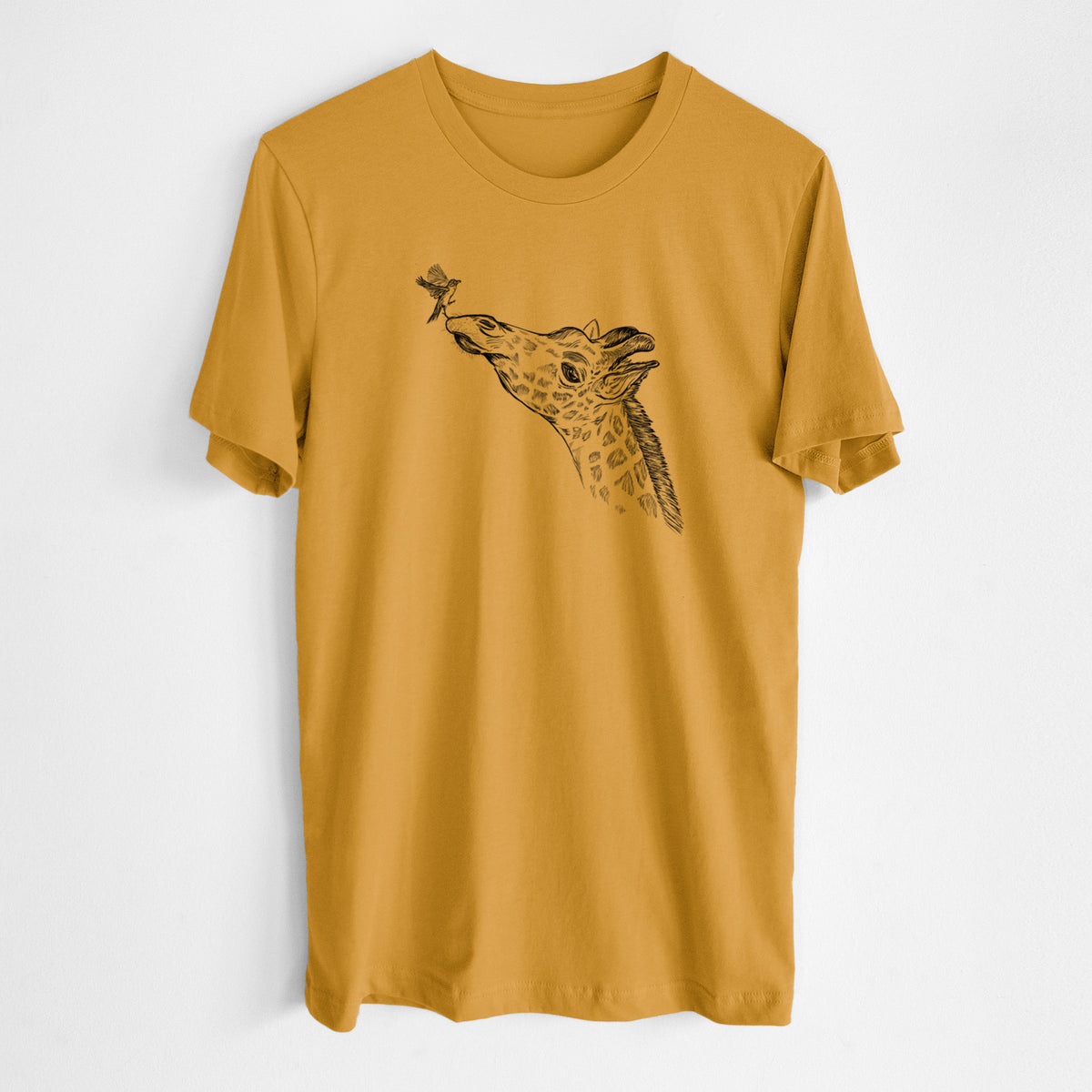 Honeycomb yellow lightweight cotton t-shirt laid flat, printed with a black ink illustration of a northern giraffe reaching its head up to nibble a flower.