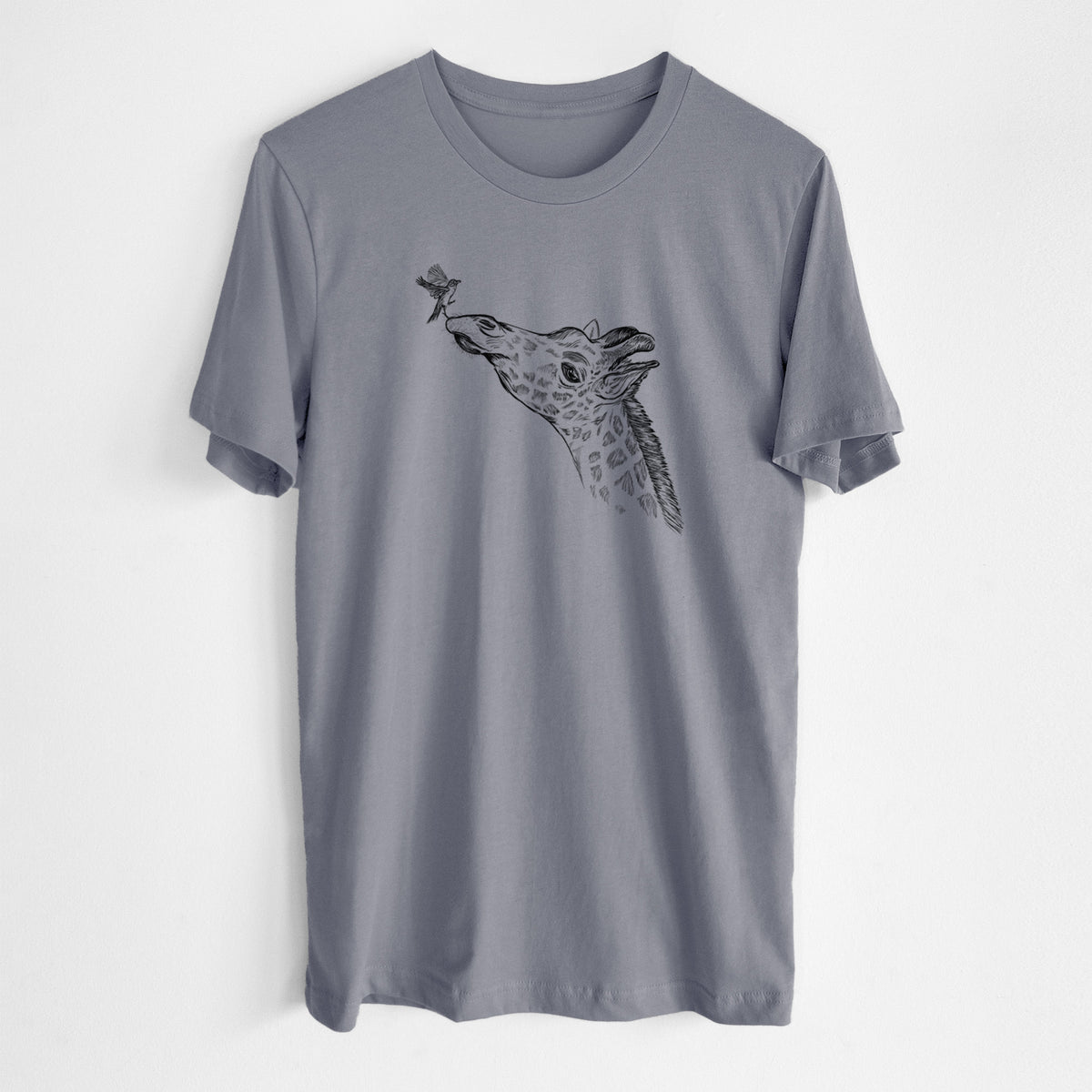 Storm grey lightweight cotton t-shirt laid flat, printed with a black ink illustration of a northern giraffe reaching its head up to nibble a flower.
