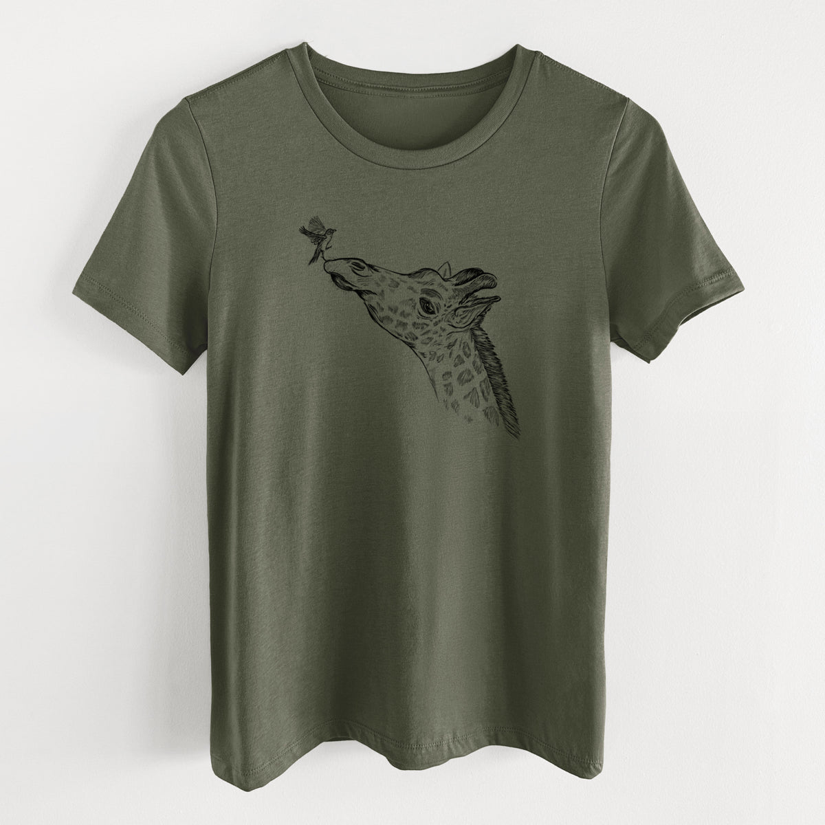 Military green women's relaxed fit cotton t-shirt laid flat, printed with a black ink illustration of a northern giraffe reaching its head up to nibble a flower.