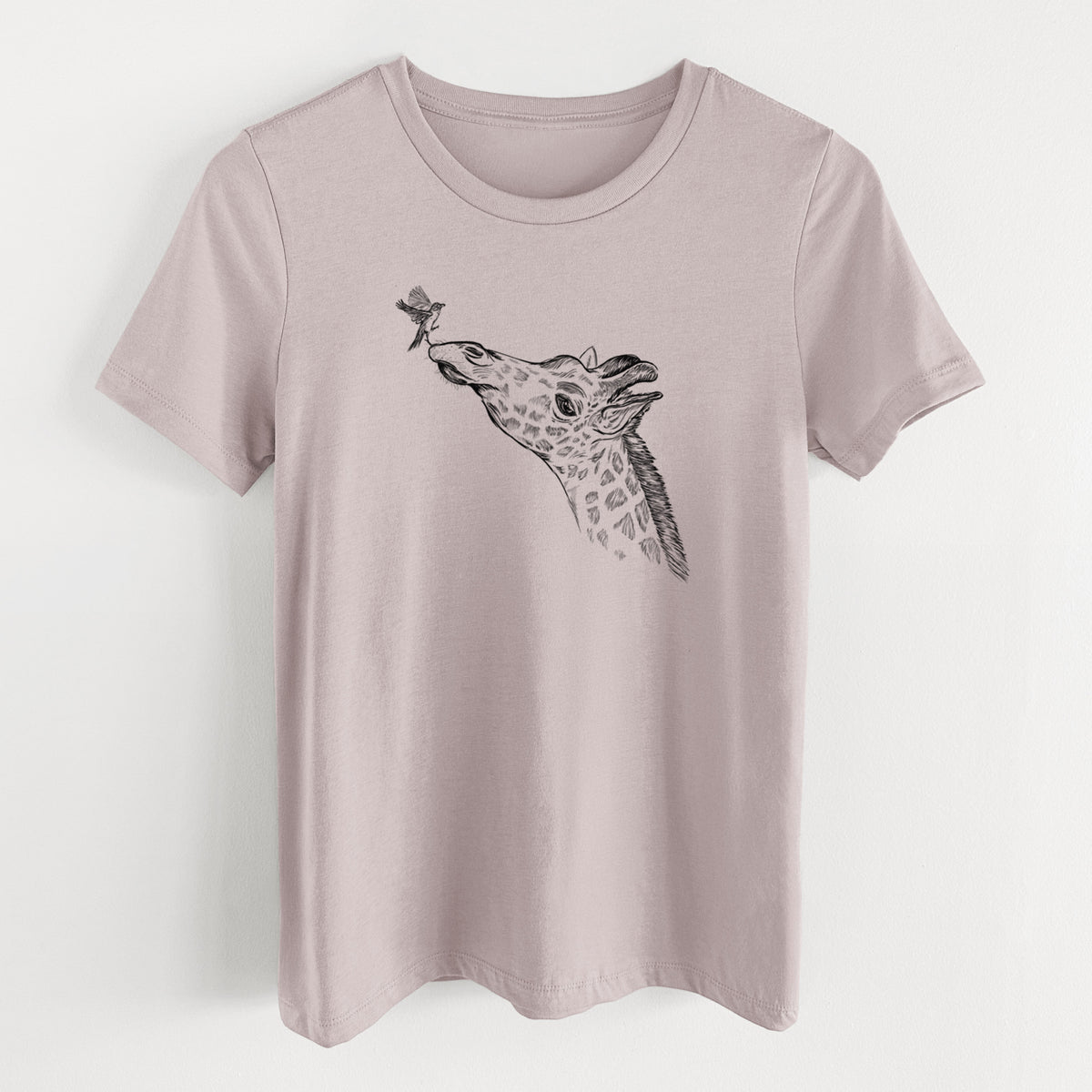 Pink gravel women's relaxed fit cotton t-shirt laid flat, printed with a black ink illustration of a northern giraffe reaching its head up to nibble a flower.