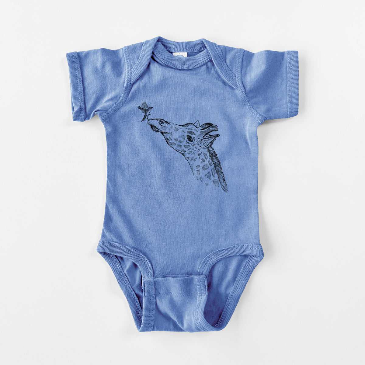 Carolina blue baby bodysuit laid flat, printed with a black ink illustration of a northern giraffe reaching its head up to nibble a flower.