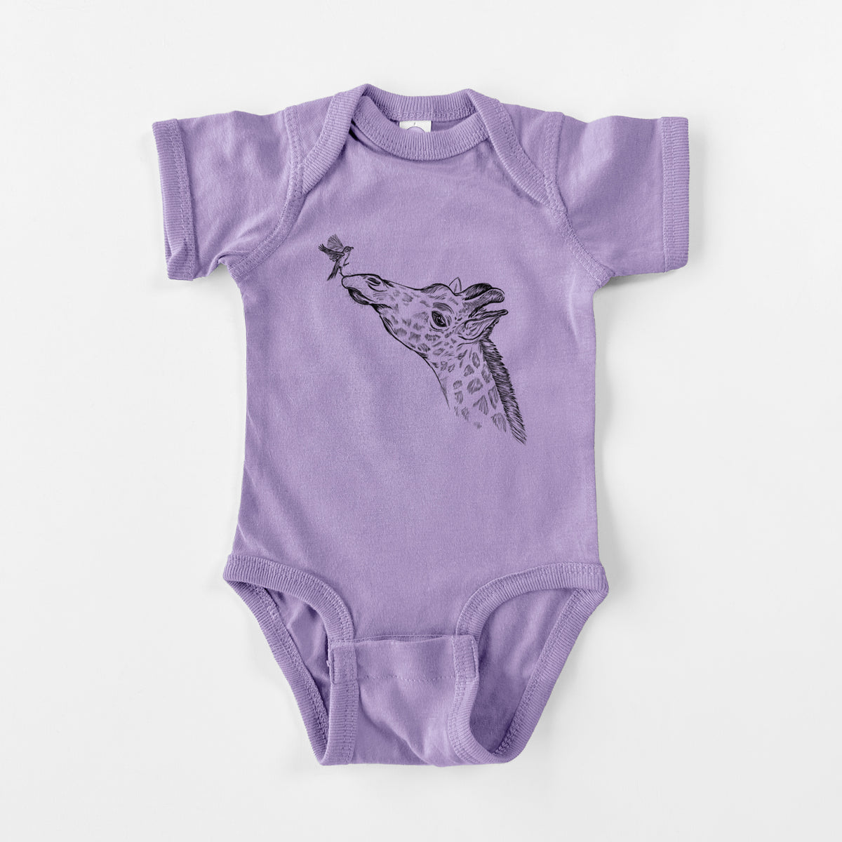 Lavender baby bodysuit laid flat, printed with a black ink illustration of a northern giraffe reaching its head up to nibble a flower.