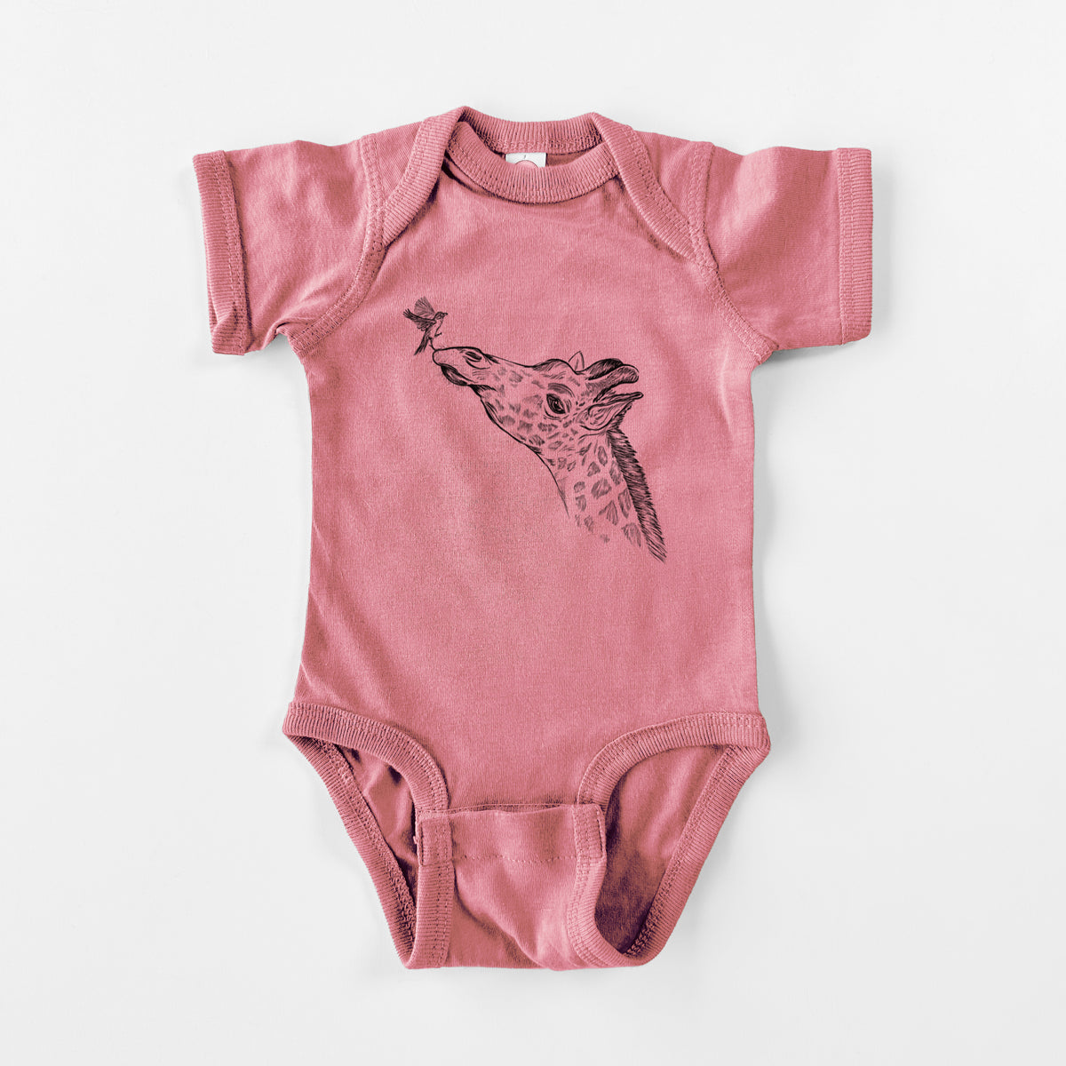 Mauve pink baby bodysuit laid flat, printed with a black ink illustration of a northern giraffe reaching its head up to nibble a flower.