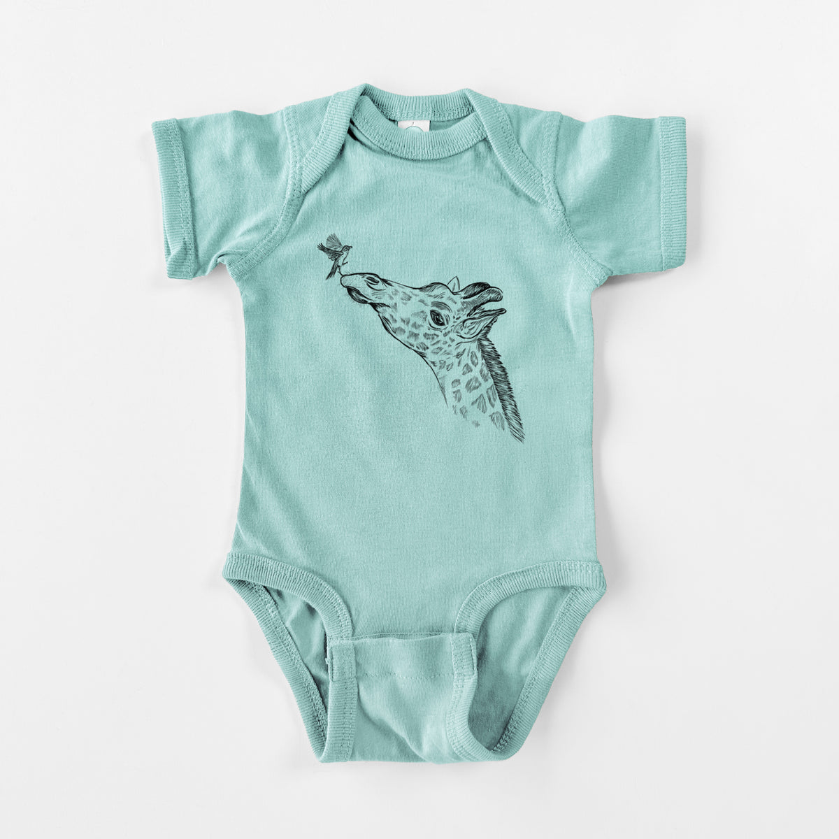 Saltwater baby bodysuit laid flat, printed with a black ink illustration of a northern giraffe reaching its head up to nibble a flower.