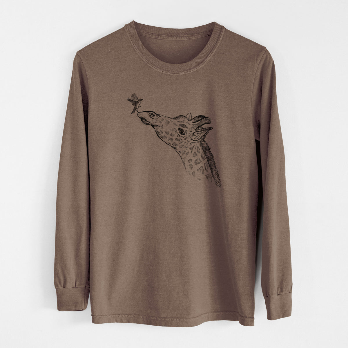 Espresso brown Comfort Colors long sleeve shirt laid flat, printed with a black ink illustration of a northern giraffe reaching its head up to nibble a flower.