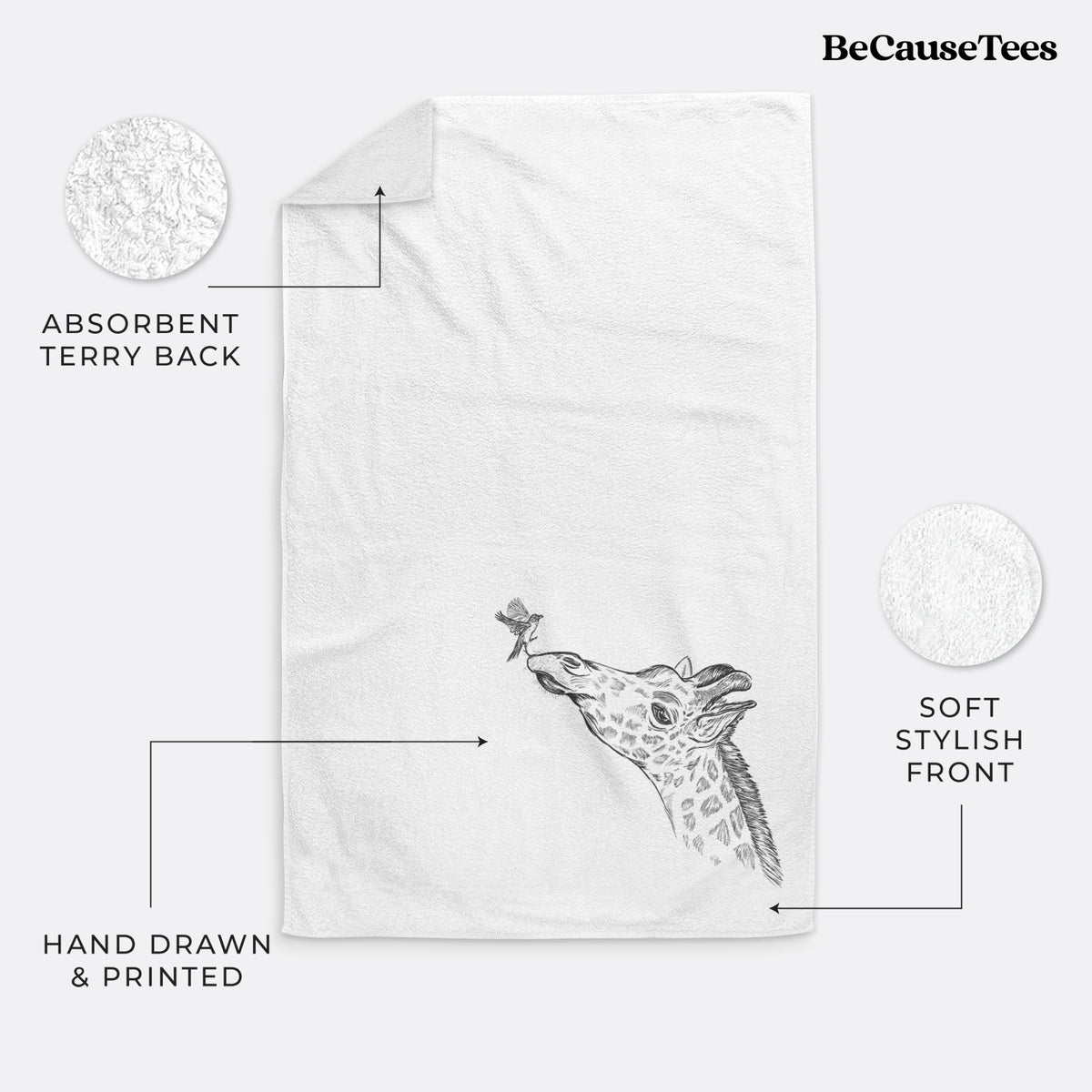 White hand towel printed with a black ink illustration of a northern giraffe reaching its head up to nibble a flower.