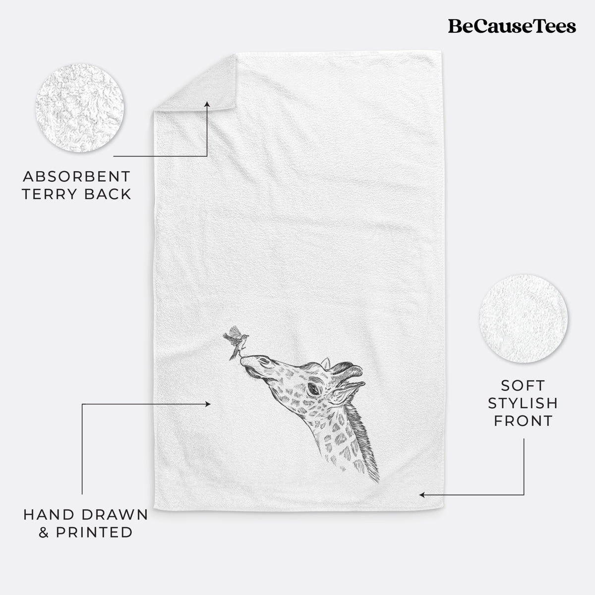 White hand towel printed with a black ink illustration of a northern giraffe reaching its head up to nibble a flower.