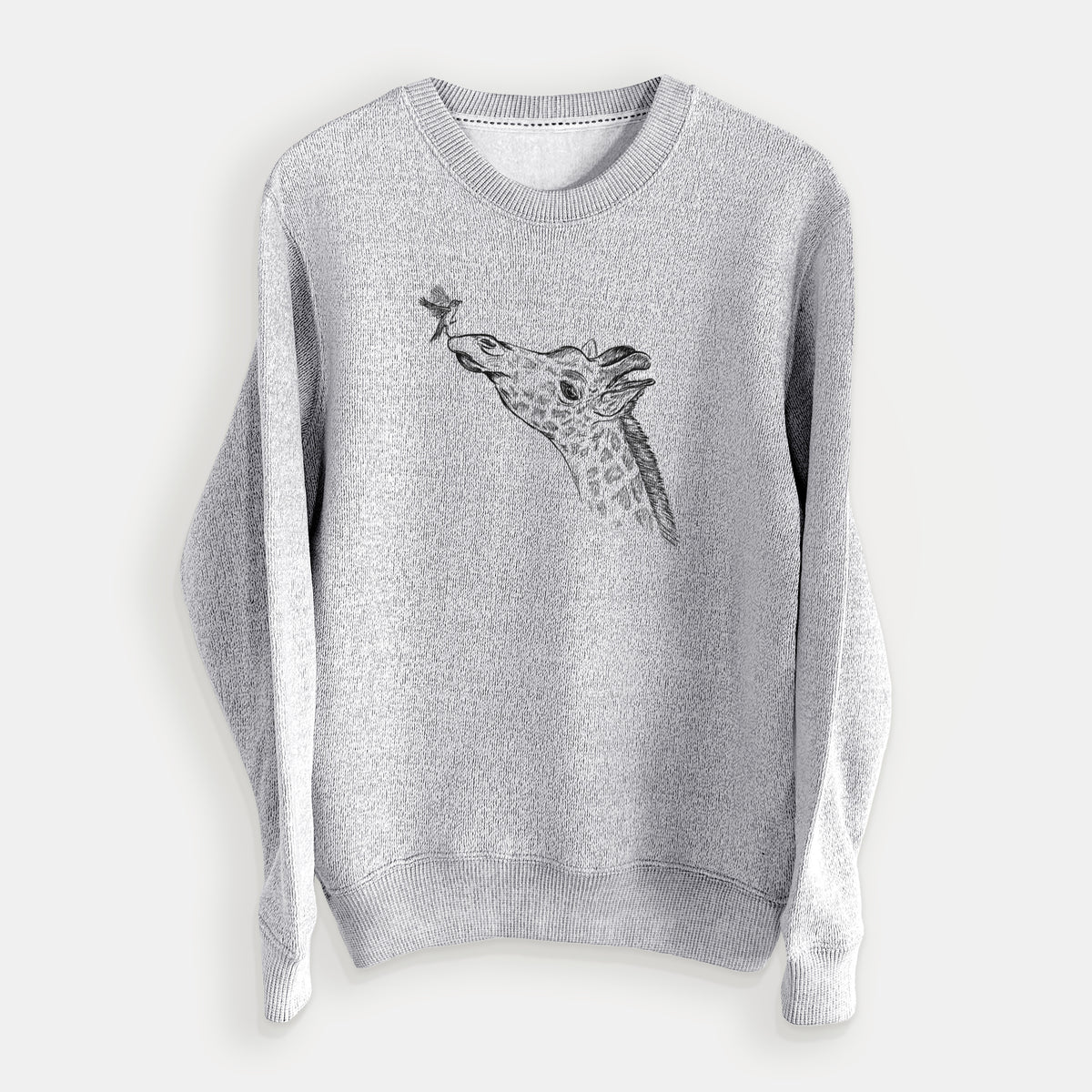 Salt and pepper knit sweatshirt laid flat, printed with a black ink illustration of a northern giraffe reaching its head up to nibble a flower.