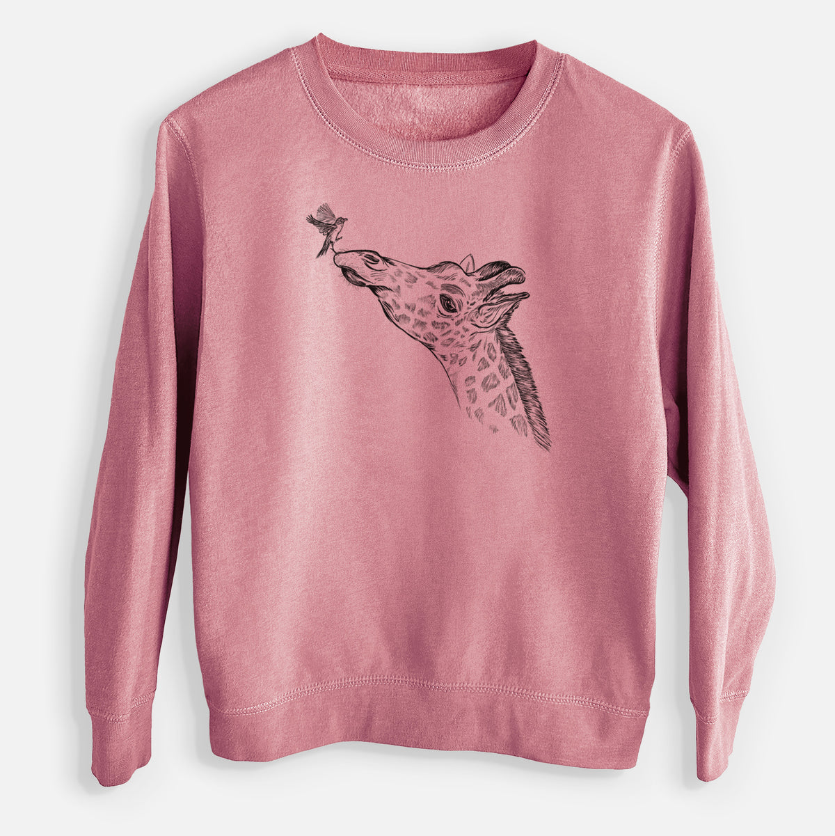 Mauve pink youth crewneck sweatshirt laid flat, printed with a black ink illustration of a northern giraffe reaching its head up to nibble a flower.