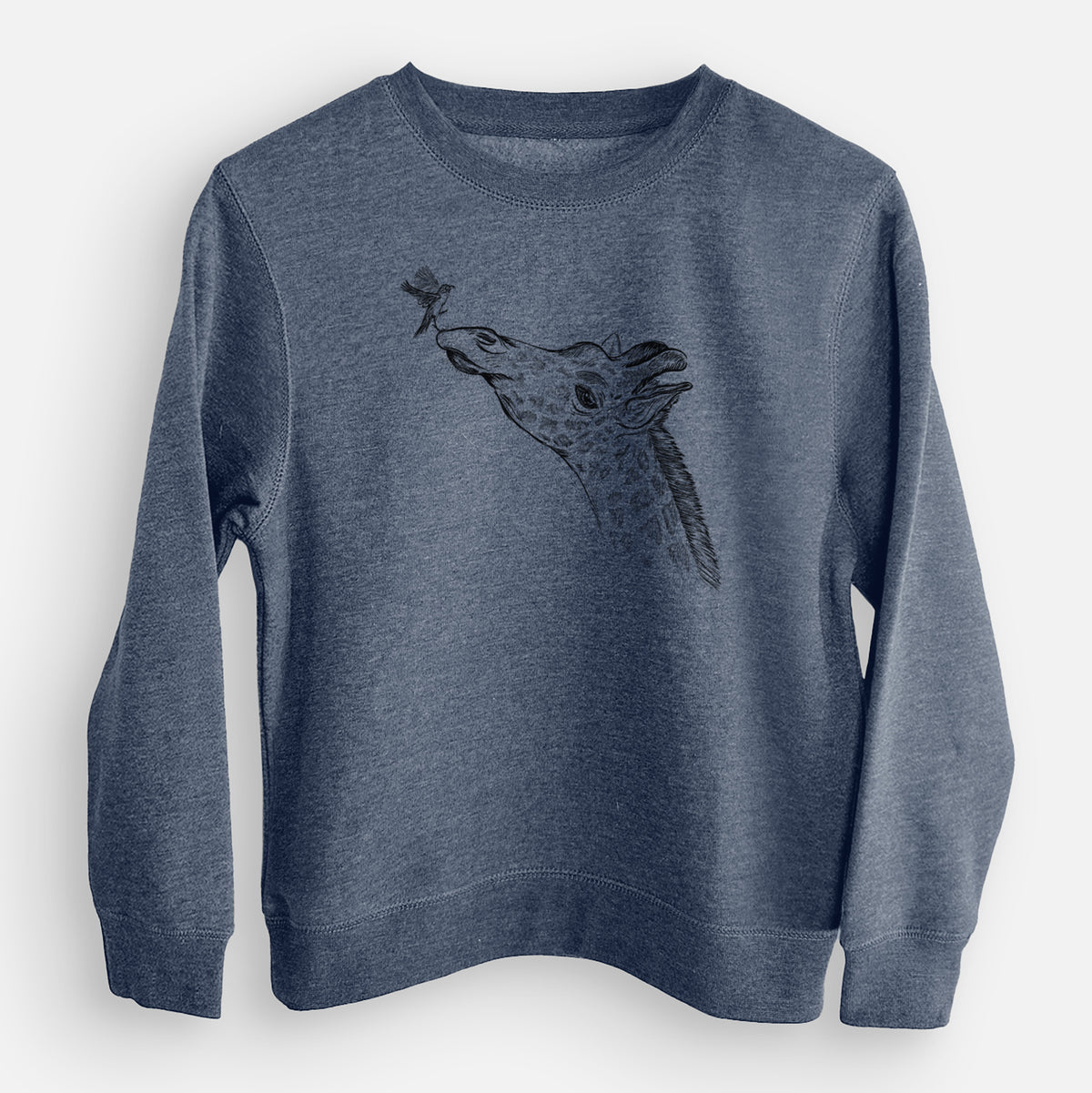 Storm blue youth crewneck sweatshirt laid flat, printed with a black ink illustration of a northern giraffe reaching its head up to nibble a flower.