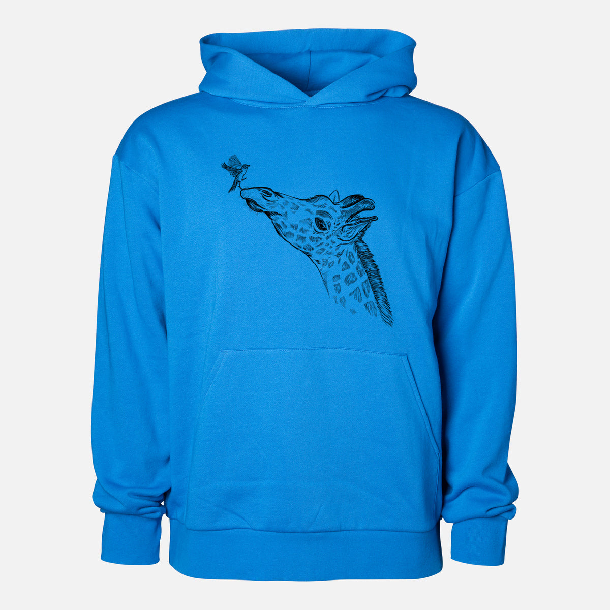 Northern Giraffe - Giraffa camelopardalis - Statement Midweight Hoodie in Azure Blue, shown from the front with the design printed on the chest above a front kangaroo pocket.