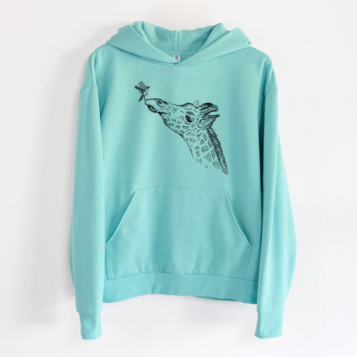 Northern Giraffe - Giraffa camelopardalis - Statement Midweight Hoodie in Seafoam, hanging on a white wall, with a front kangaroo pocket and no drawcords.