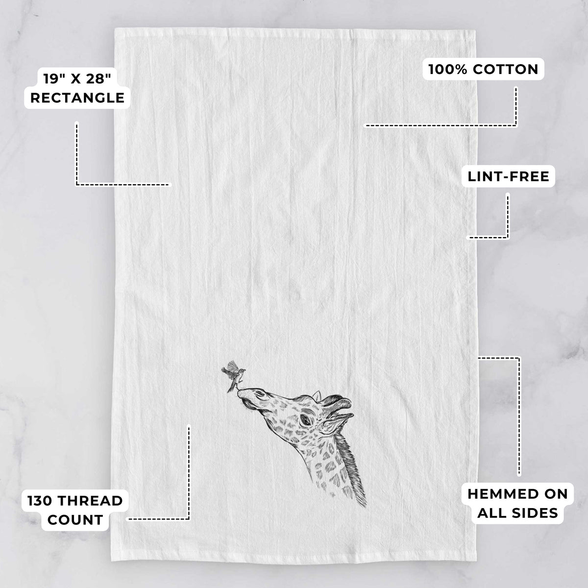 White tea towel printed with a black ink illustration of a northern giraffe reaching its head up to nibble a flower, with feature labels: 19 by 28 inch rectangle, 100% cotton, lint-free, 130 thread count, hemmed on all sides.