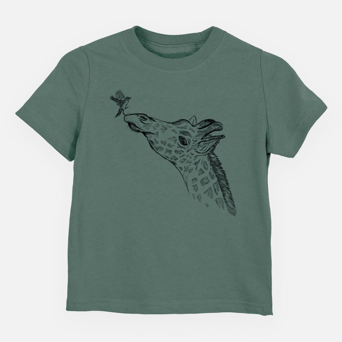Basil green toddler t-shirt laid flat, printed with a black ink illustration of a northern giraffe reaching its head up to nibble a flower.