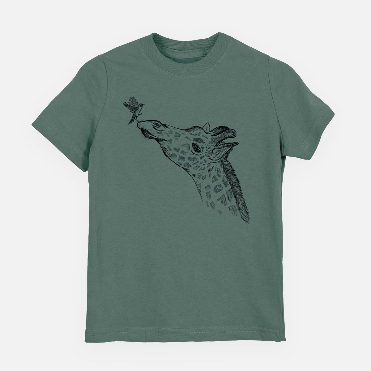 Basil green youth t-shirt laid flat, printed with a black ink illustration of a northern giraffe reaching its head up to nibble a flower.