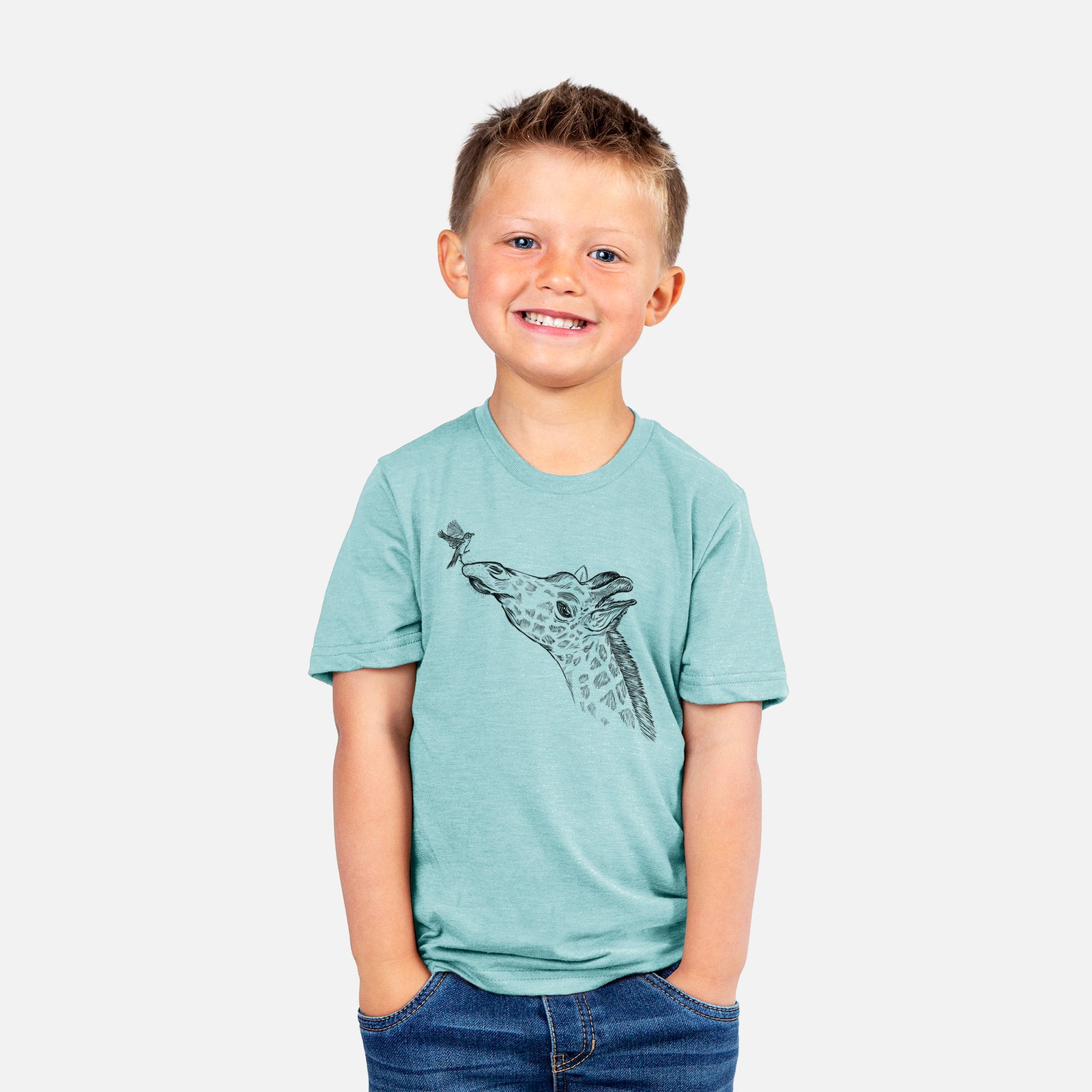 Two youth t-shirts in different colors on hangers, printed with a black ink illustration of a northern giraffe reaching its head up to nibble a flower.