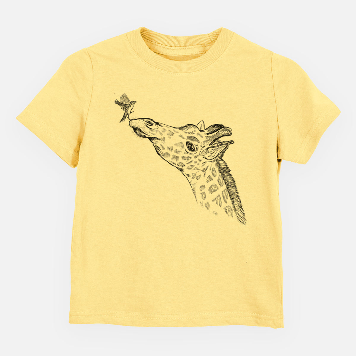 Butter yellow toddler t-shirt laid flat, printed with a black ink illustration of a northern giraffe reaching its head up to nibble a flower.