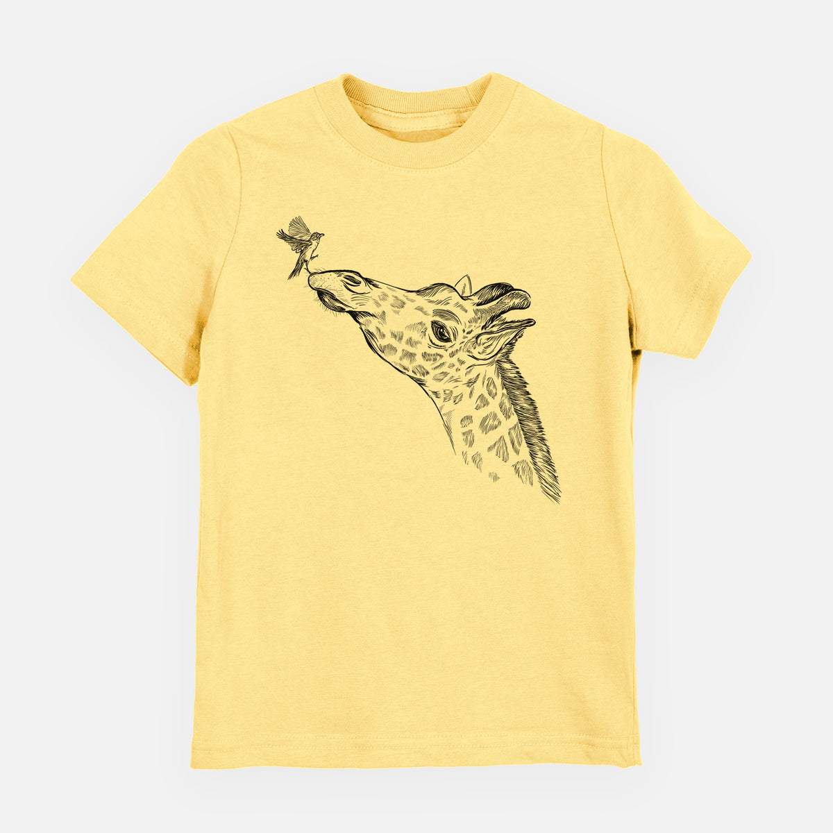 Butter yellow youth t-shirt laid flat, printed with a black ink illustration of a northern giraffe reaching its head up to nibble a flower.