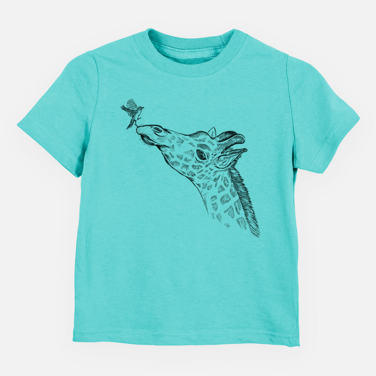 Caribbean blue toddler t-shirt laid flat, printed with a black ink illustration of a northern giraffe reaching its head up to nibble a flower.