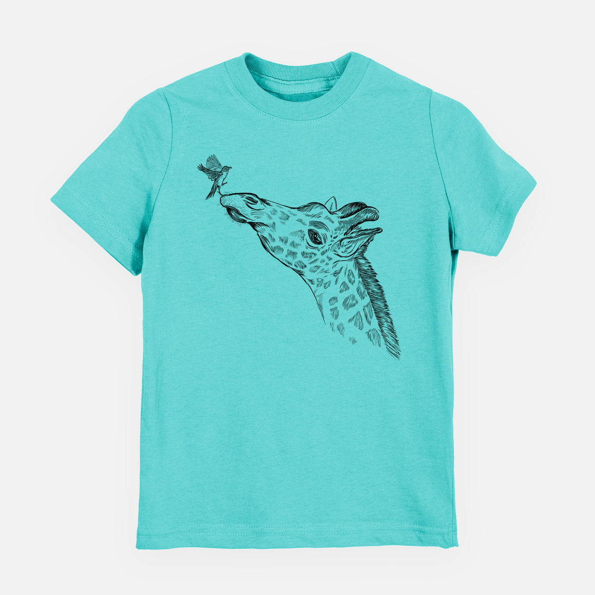 Caribbean blue youth t-shirt laid flat, printed with a black ink illustration of a northern giraffe reaching its head up to nibble a flower.