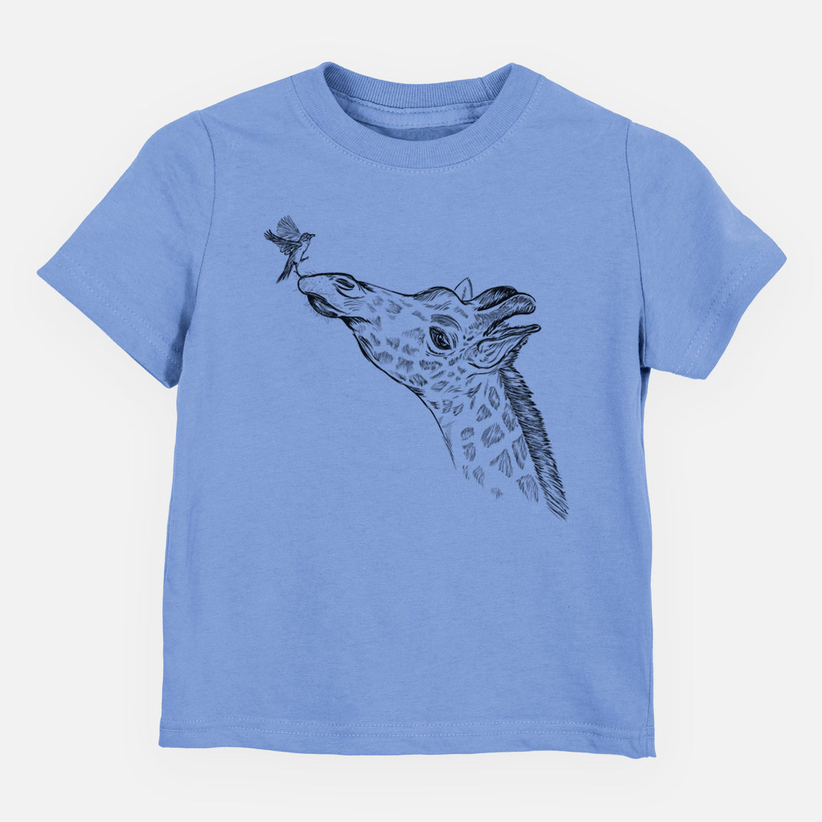Carolina blue toddler t-shirt laid flat, printed with a black ink illustration of a northern giraffe reaching its head up to nibble a flower.
